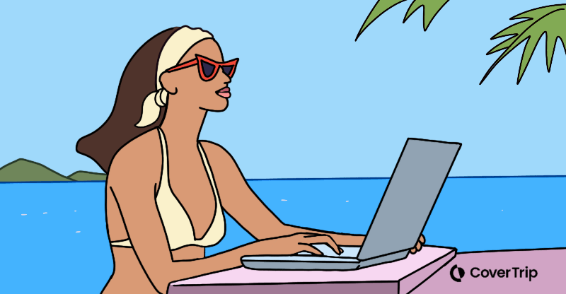 Bleisure traveler on conference call at the beach