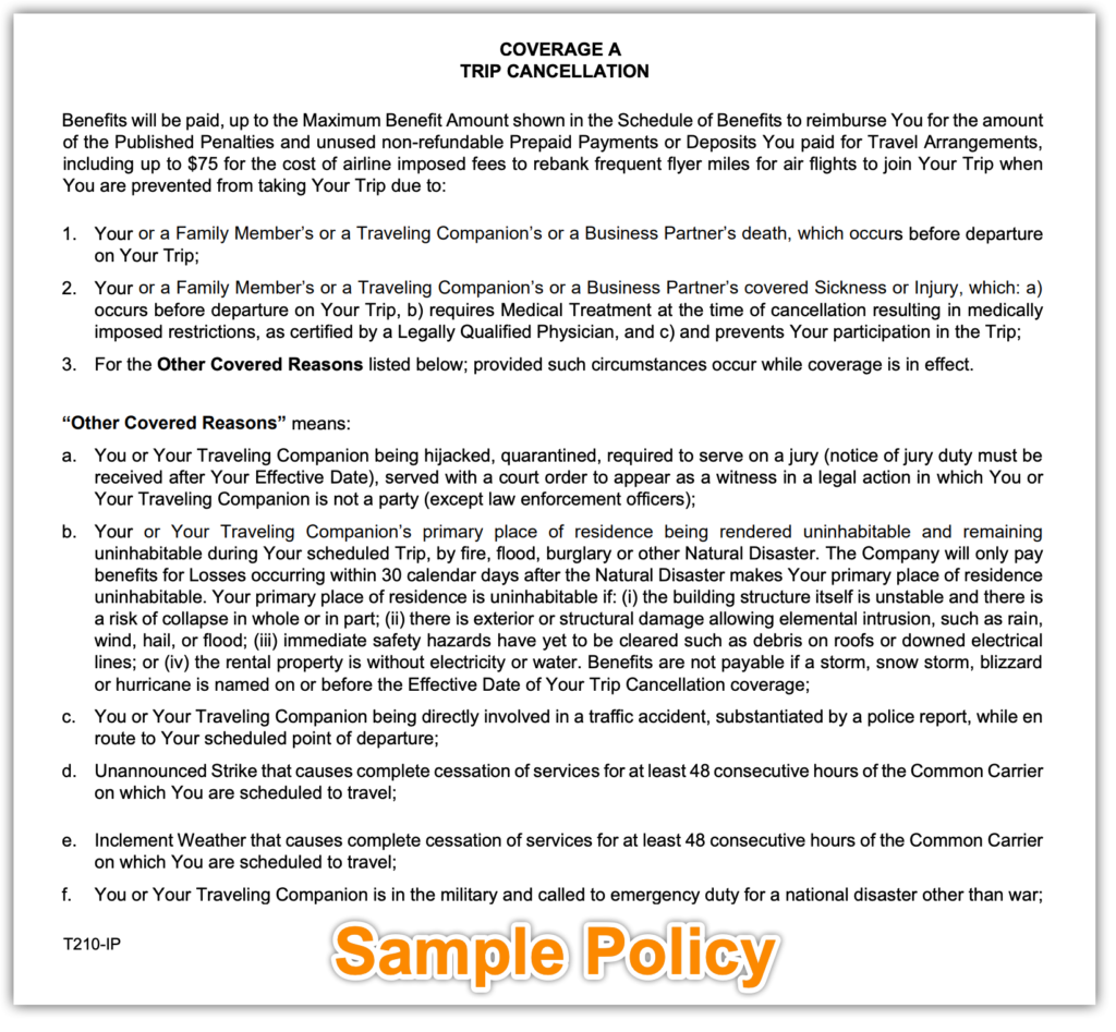 This is a sample travel insurance policy certificate showing the section of covered reasons for trip cancellation