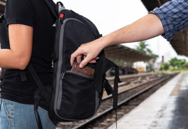 Thief stealing a wallet from a travelers' backpack